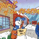 Magazine cover in retro style, showing snow man and mail carrier in the snow. With the words "in the spirit of the season."